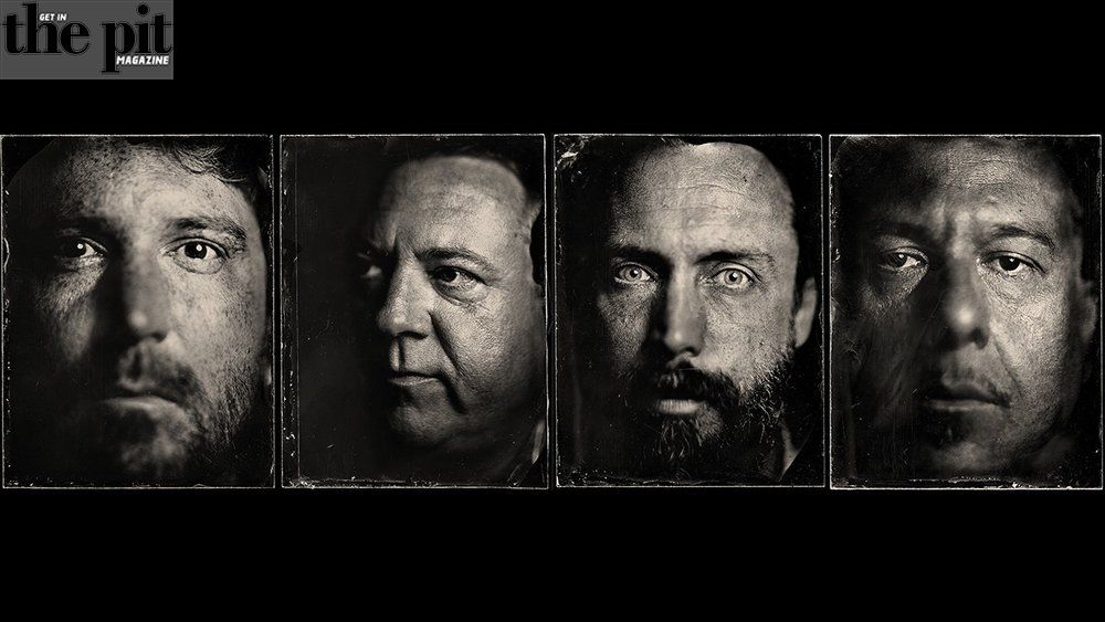 Black and white image depicting five separate portraits of middle-aged men, clutching a mysterious object, arranged in a row, with intense and expressive facial features.