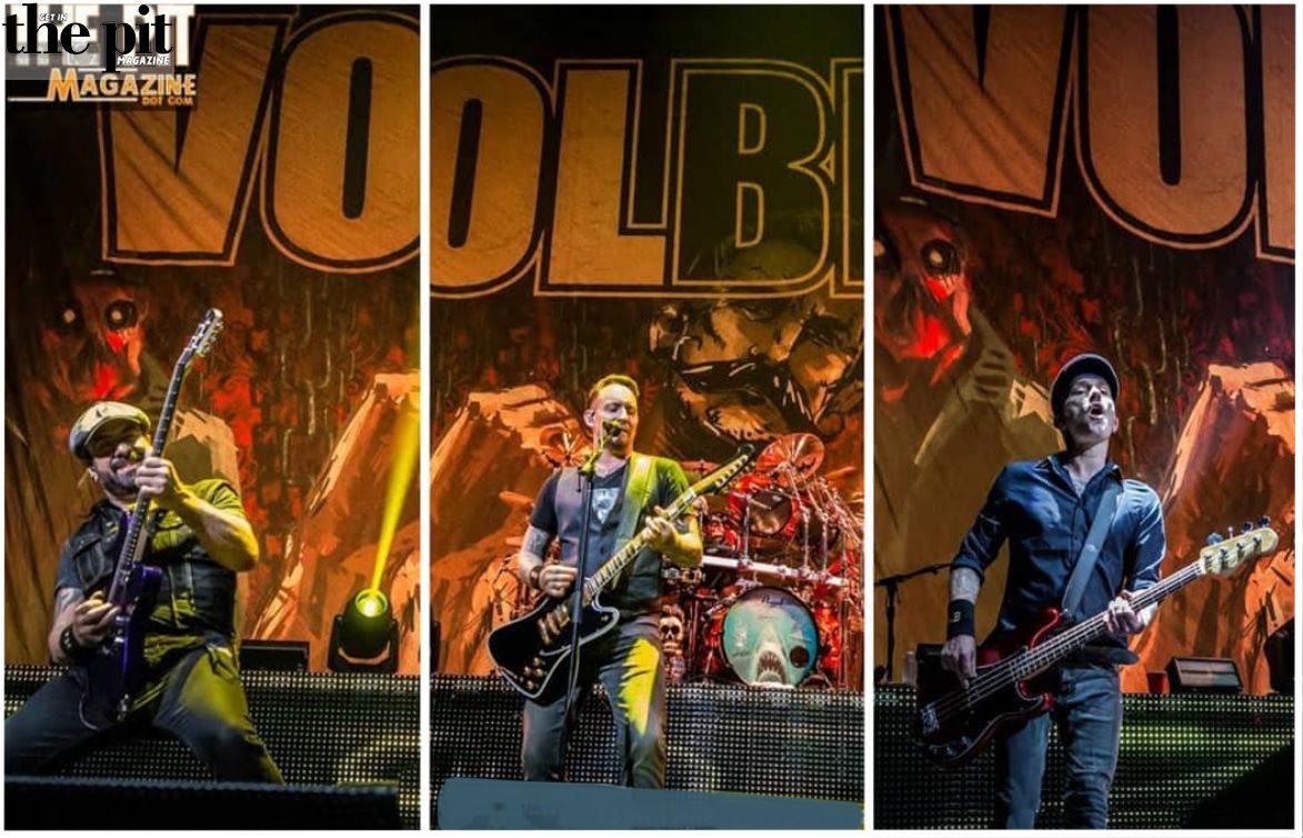 Three images of the rock band Volbeat performing on stage, featuring a guitarist, a vocalist, and a bass player with a large banner in the background.