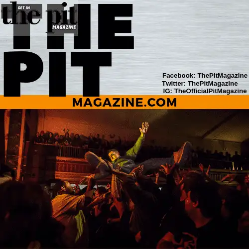 An animated image showing a person crowd surfing at a concert, with text promoting "the pit" magazine and its social media handles.