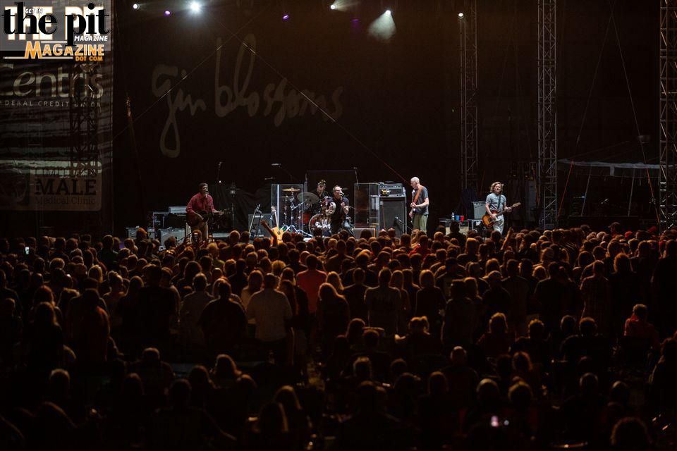 A band performs on stage before a large crowd at a concert venue, with prominent stage lighting and a backdrop featuring the Gin Blossoms' name.