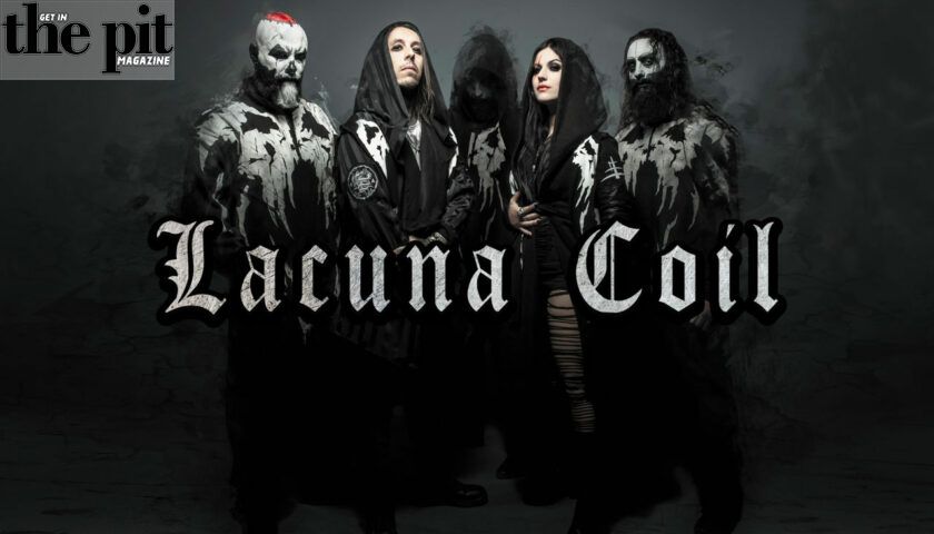 Four members of Lacuna Coil in dramatic gothic-style costumes, posing against a dark background with the band's logo in front.