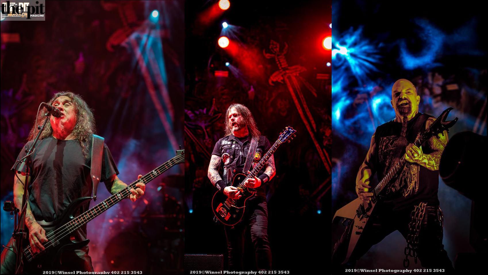 Three images of rock musicians performing on stage: one singing and playing bass, one playing guitar, and one singing with intense expression, all under colorful stage lighting. The vibe is reminiscent of a