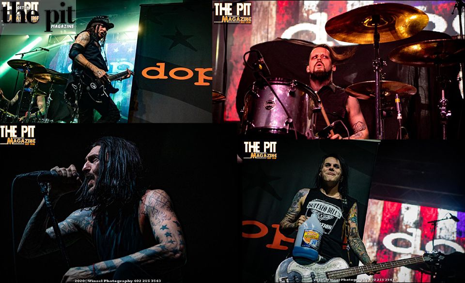 Collage of four dope concert photos featuring band members performing: a guitarist singing, a drummer playing, a vocalist, and a bassist with a beer can.