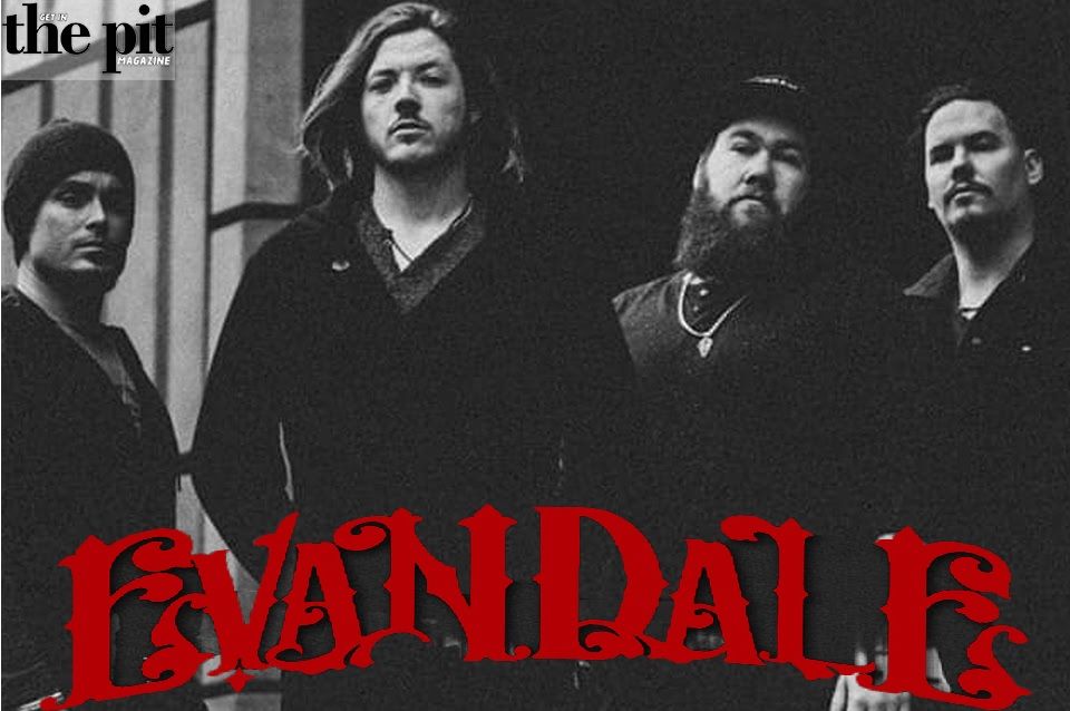 Promotional image featuring the four members of Evandale, standing together with the band's name in red gothic script above.