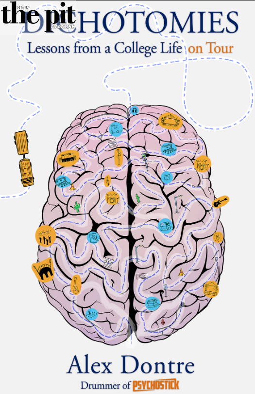 Illustration of a human brain with various icons like a beer mug and a music note, and text overlays about lessons from a college life tour by alex dontre.