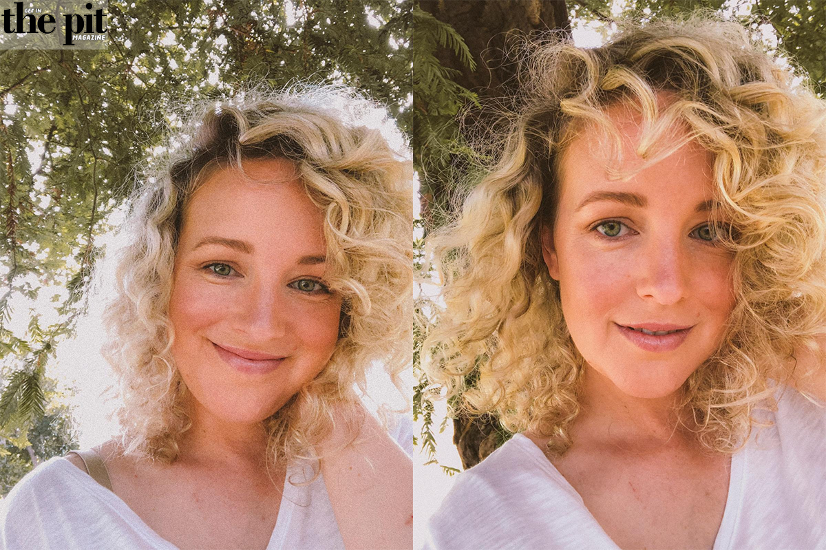 Two side-by-side portraits of a smiling woman with blonde curly hair, captured on cam outdoors with soft sunlight and greenery in the background.