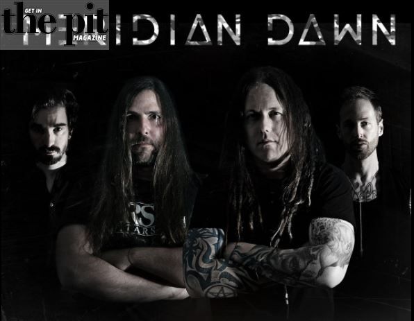 Four members of a rock band with long hair and tattoos posing seriously under moody lighting for a magazine cover titled "Meridian Dawn.