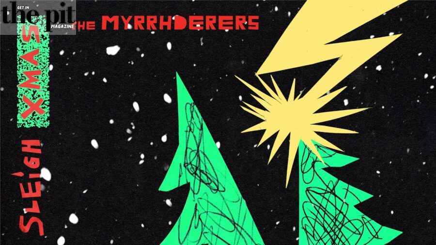Graphic illustration of a snowy nighttime scene with stylized green Christmas trees and a bright star, featuring the text "sleigh xmas magazine" and "The Myrrhderers.