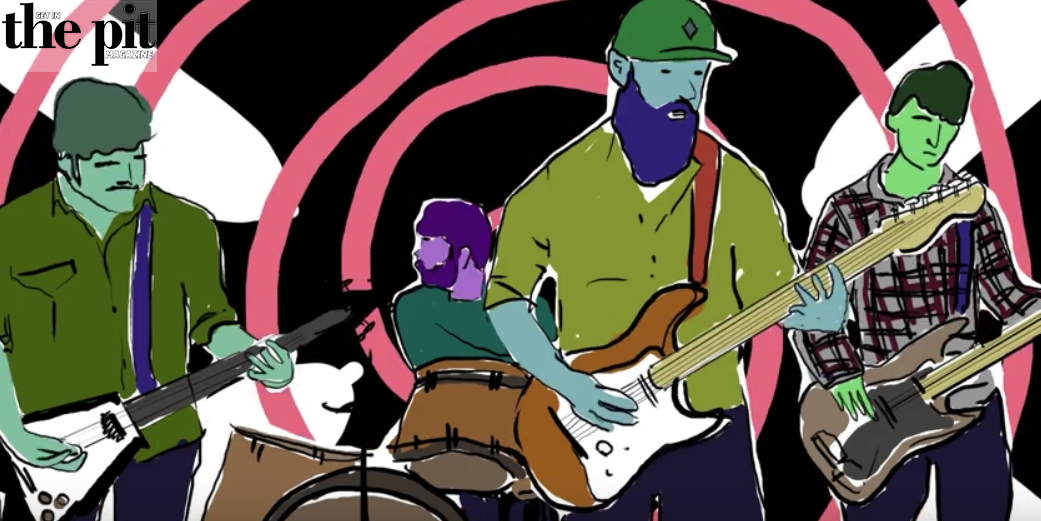 Illustration of a four-member band playing music, featuring a guitarist, bassist, drummer, and keyboardist, set against a psychedelic background.