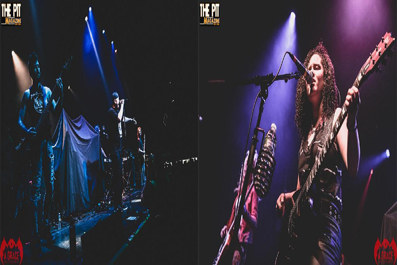 Two images of Deepfall performing on stage, the left shows a drummer and a guitarist backlit with blue lights, and the right captures a female guitarist singing into a microphone.