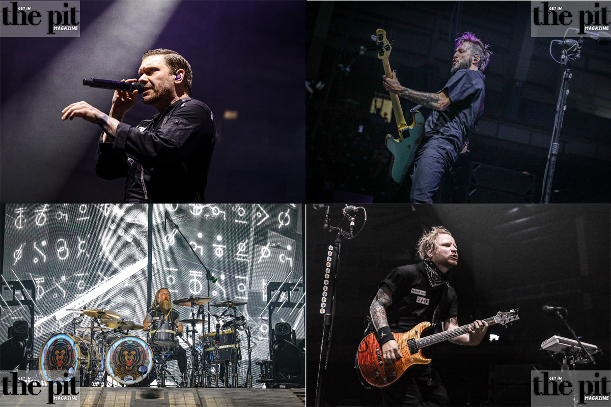 Four-panel collage of Shinedown performing live, featuring the lead singer, a guitarist, a bassist in mid-jump, and a drummer playing behind a detailed drum kit.
