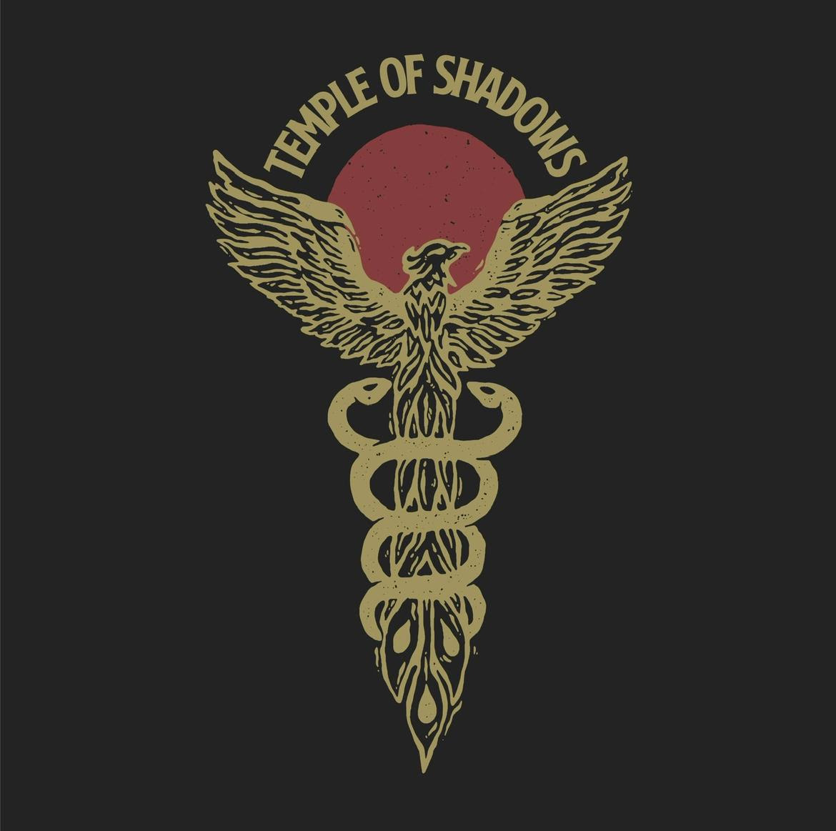 Graphic design of a winged serpent around a sword, with "Temple of Shadows" text and a red circular backdrop.