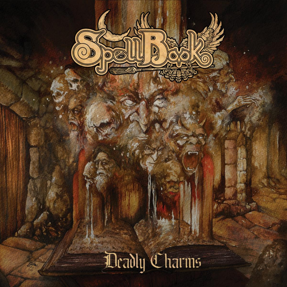 Album cover of "spellbook - deadly charms" featuring a dark, artistic illustration of eerie faces with streams of blood, set against an ancient spellbook backdrop.